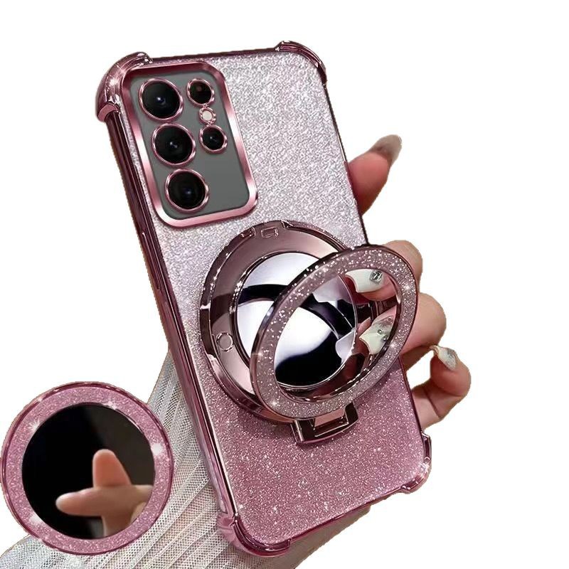 Funda magnética con soporte y espejo brillante para Samsung S26P, S25ULTRA y A56, con esquinas electrochapadas y acabado suave.