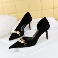 8829-A2 banquet thin heel high heel suede shallow mouth pointed pearl metal chain side cut-out women's single shoes