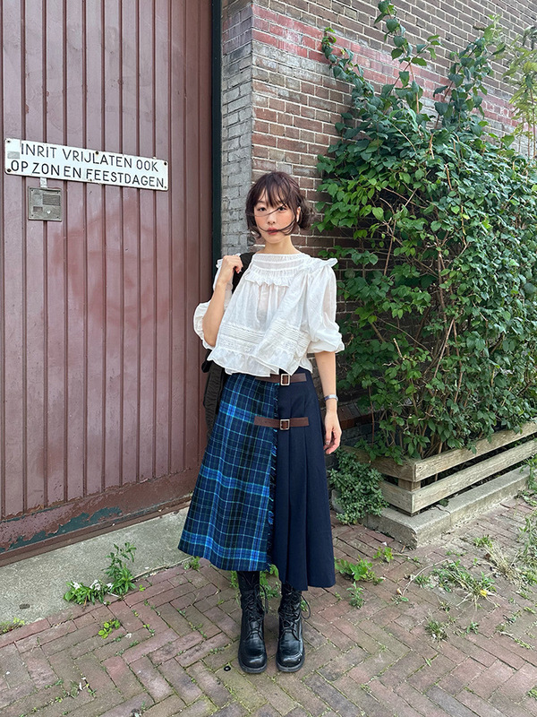 现H 白色娃娃领长袖衬衫2025秋季女拼接花边微透休闲上衣flet*a|undefined