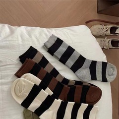 2023新款秋冬粗條拼色襪子中筒襪雙針潮襪小腿襪女日系百搭襪子