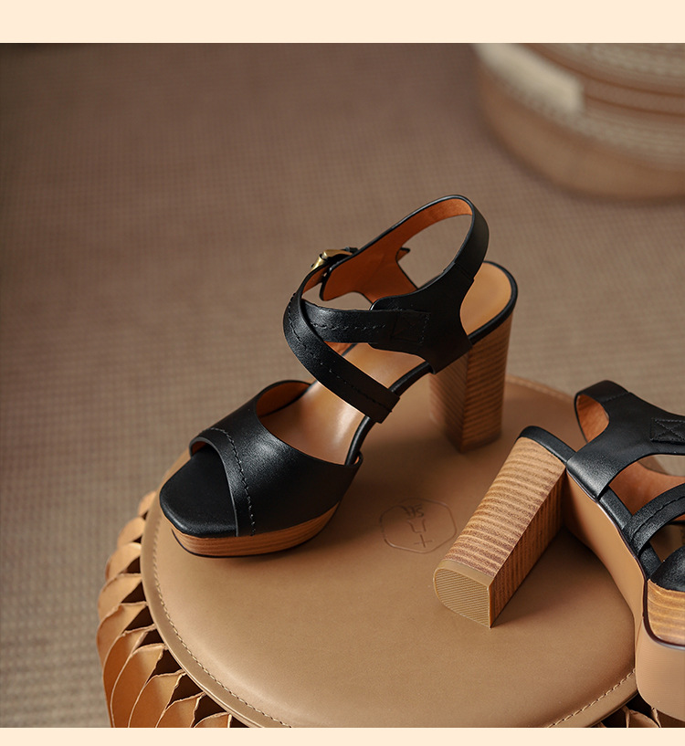Sandal nữ mũi nhọn gót thô đế dày kiểu La Mã — Màu nâu chi tiết 15