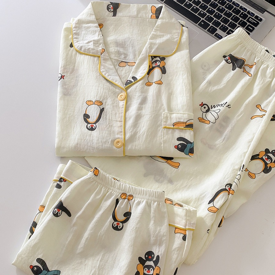 2024 nuevo suelto pingüino nubes algodón tres piezas de verano delgado mangas cortas pantalones cortos pantalones largos set de ropa para el hogar