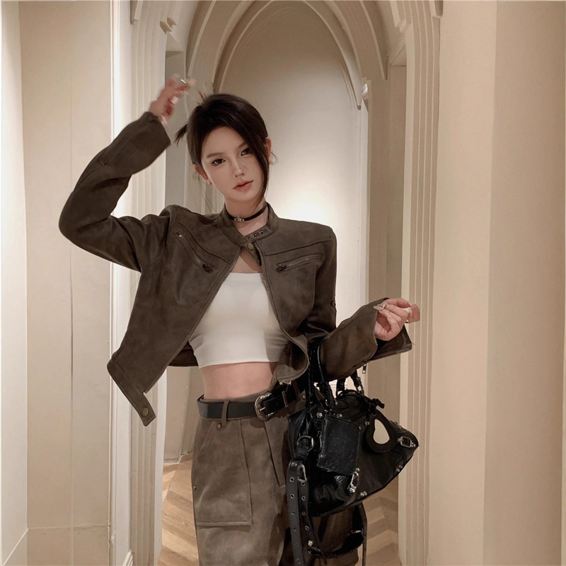 American Retro Autum Short Motorcycle Jacket for Women Spring and Autum 2025 New Suede Brown Handsome and Cool Jacket American Retro Autum Short Motorcycle Jacket for Women Spring and Autum 2025 New Suede Brown Handsome and Cool Jacket
