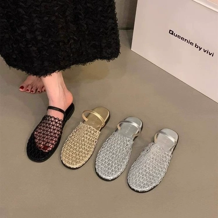 Женские летние босоножки из сетчатой ткани с вырезами, на толстом и низком каблуке, с круглым носком, в стиле мюллер, римские полусандалии.