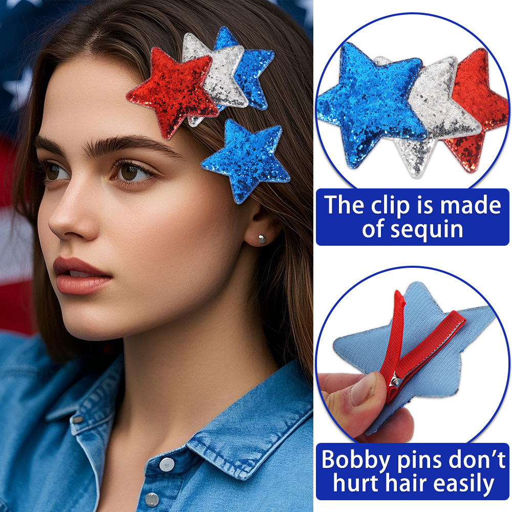 Día de la Independencia de los Estados Unidos pinzas de cabello de pentacos para adultos niños fiesta decoración de estrellas bordes pinzas rojo, plateado, azul sequillas pinzas de boca de pato