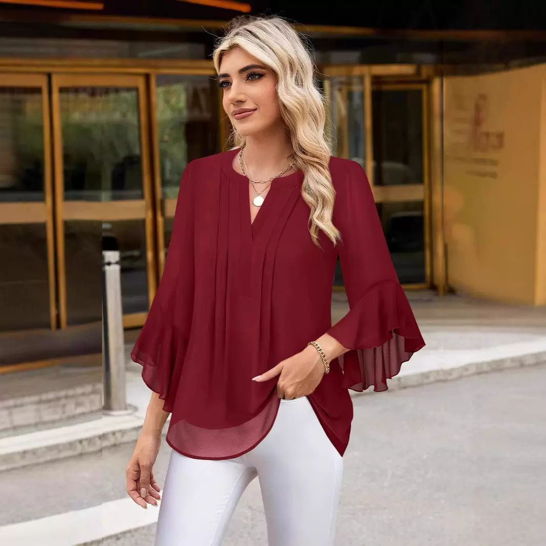 亚马逊荷叶七分袖红色纯色休闲宽松V领商务衬衫雪纺女装百搭优雅