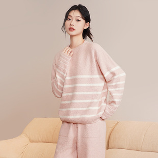 Winter Half-Velvet Couple's Pajamas Set Warm Stripesd Loose Japanese Style Ins Fashion Home Comfortable Pajamas
