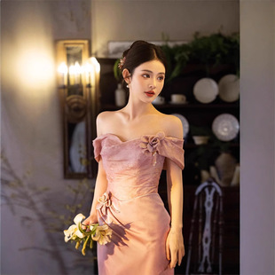 One-Shoulder Evening Dress, Elegant Banquet Wedding Bride's Toast Dress 2025 New Accessible Luxury Niche Engagement Dress Skirt