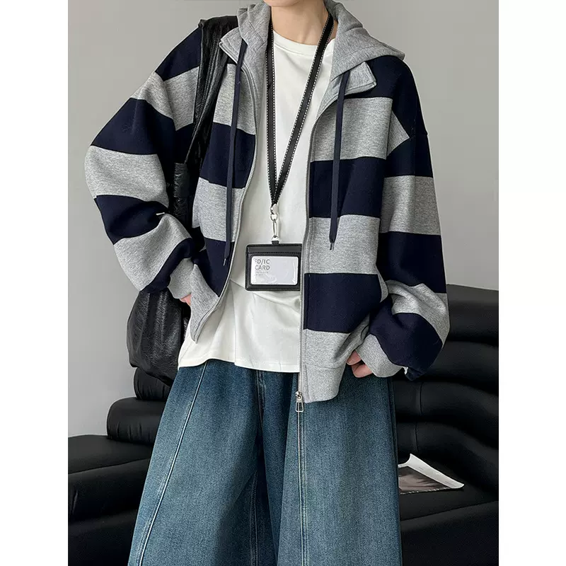 橘芷秋冬新款洋气条纹慵懒风连帽卫衣外套女秋冬宽松设计感3555
