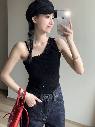 260g Cotton Modal Blouse - Asymmetrical Off-the-Shoulder Bodice with Irregular Straps - Women's Sleeveless Top - Black and White