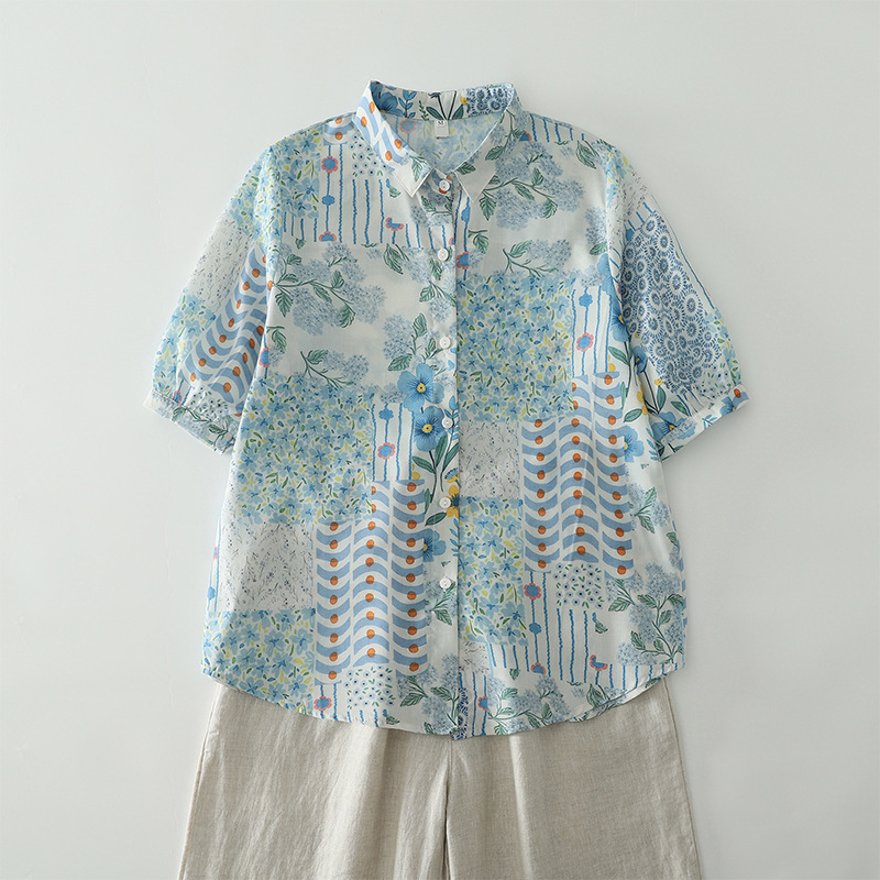 2026 Summer Artistic and Fresh Ethnic Style Blouse, Patchwork Pattern, Unique Print, Loose Casual Women's Shirt 2026 Summer Artistic and Fresh Ethnic Style Blouse, Patchwork Pattern, Unique Print, Loose Casual Women's Shirt