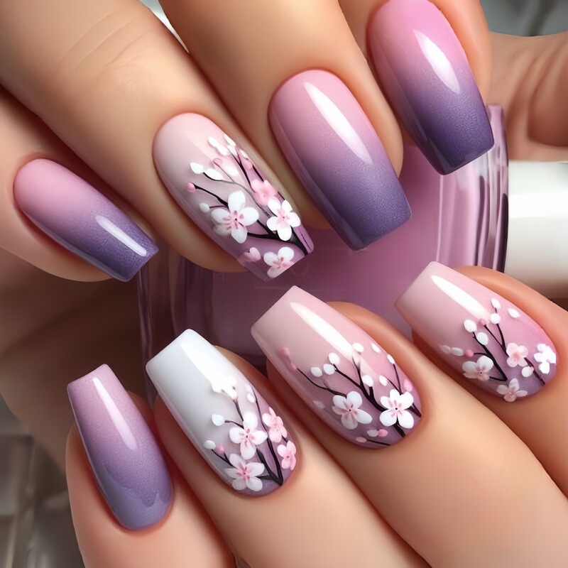 Mid-length Ballet Armor Purple Gradient Nail Art Plant Flower Pattern Nail Art New Year's Spring and Summer Nail Art Mid-length Ballet Armor Purple Gradient Nail Art Plant Flower Pattern Nail Art New Year's Spring and Summer Nail Art