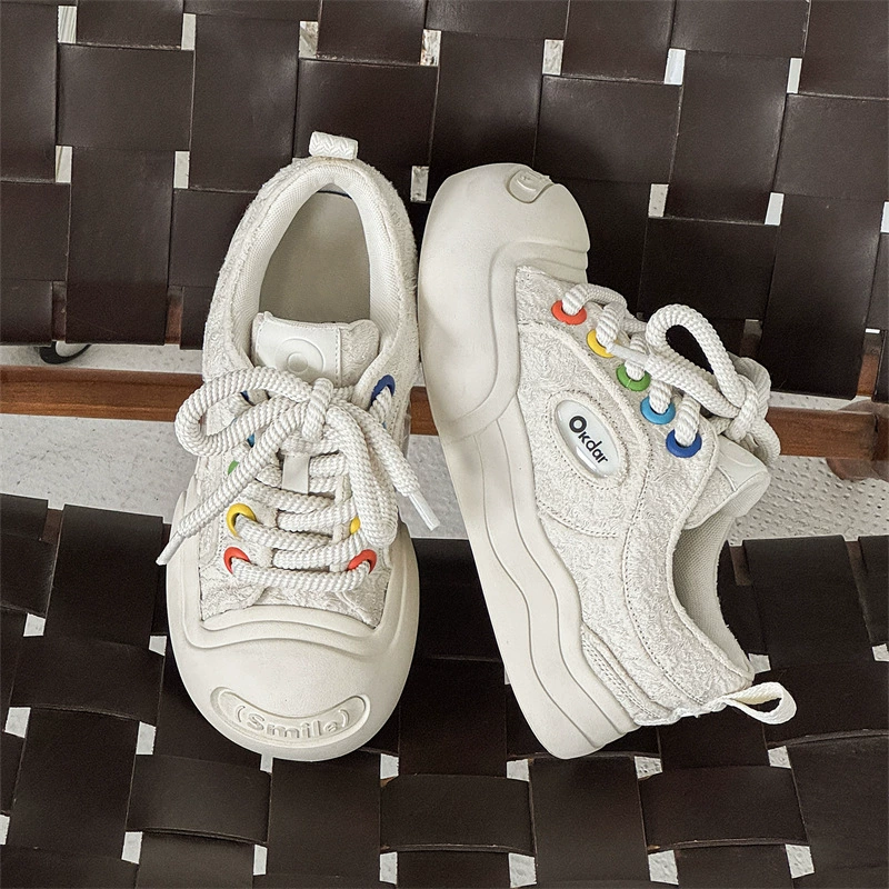 Okdar smiler [Звездная модель] Открыто и улыбка холст туфли увеличены в толстой подошве с круглой головкой черно-белые туфли