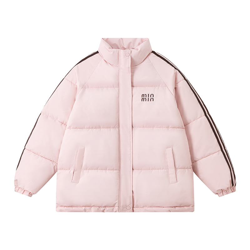 Inventario de ropa de algodón de pluma para mujeres 2025 ropa de invierno nuevo color de contraste cuadrado tres barras correa de marcas de moda chaqueta de algodón pareja americana