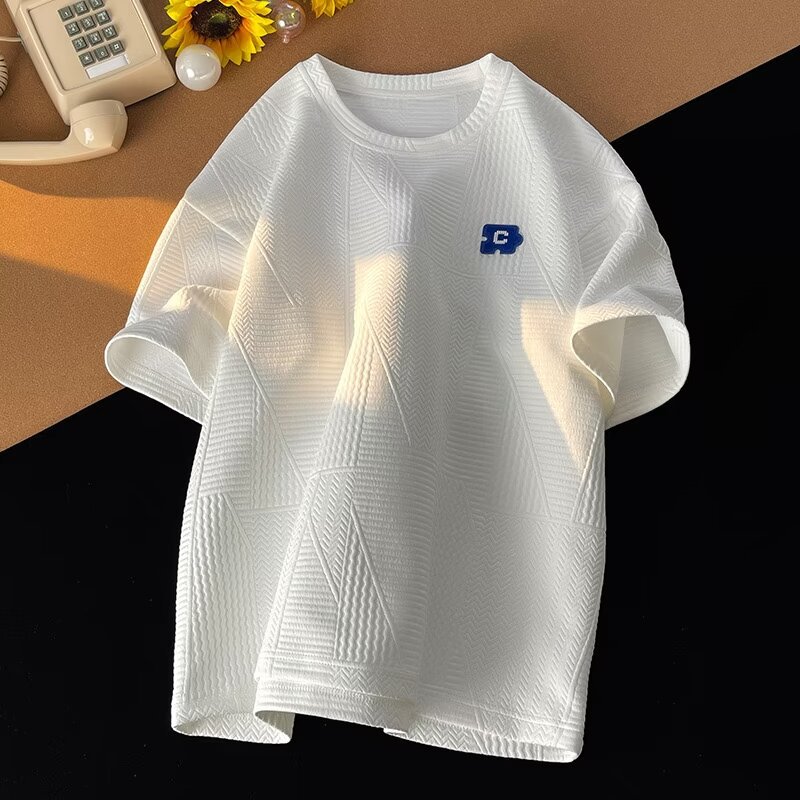 Men's Clothing high street textured short sleeved t shirt men's trendy design niche summer men's t shirt plus size clothes_voghion.com