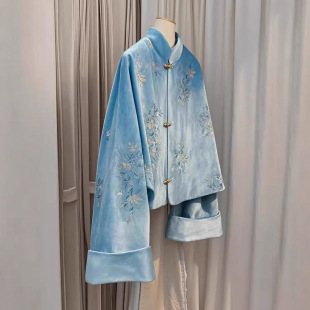 New Chinese Style National Style Small Men's Vertical Collar Buckle Tang Dress Age-reducing Beautiful Western Style Blue Printed Velvet Coat Women's Autumn