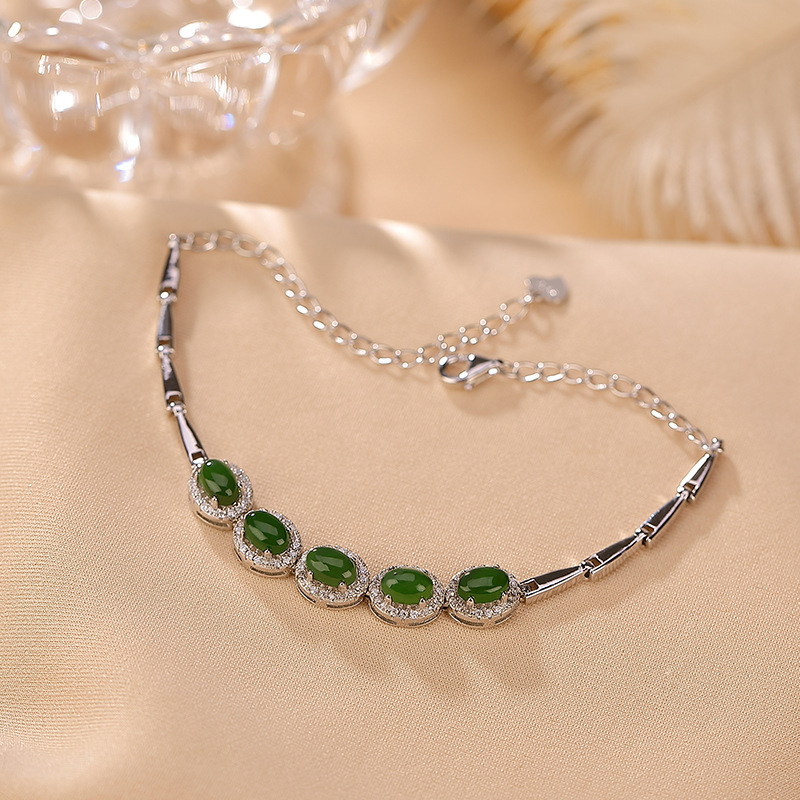 Vòng tay nữ charm ngọc bích Hetian mạ bạc S925 thiết kế cá tính — Kiểu màu bạc