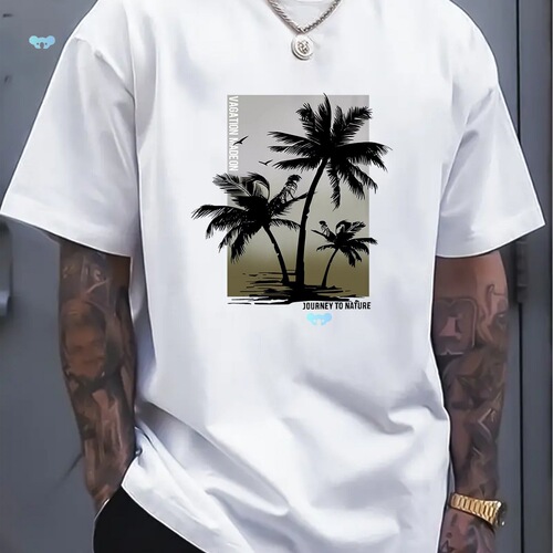Coconut Tree Print Tee with Coconut Tree Illustrated Print