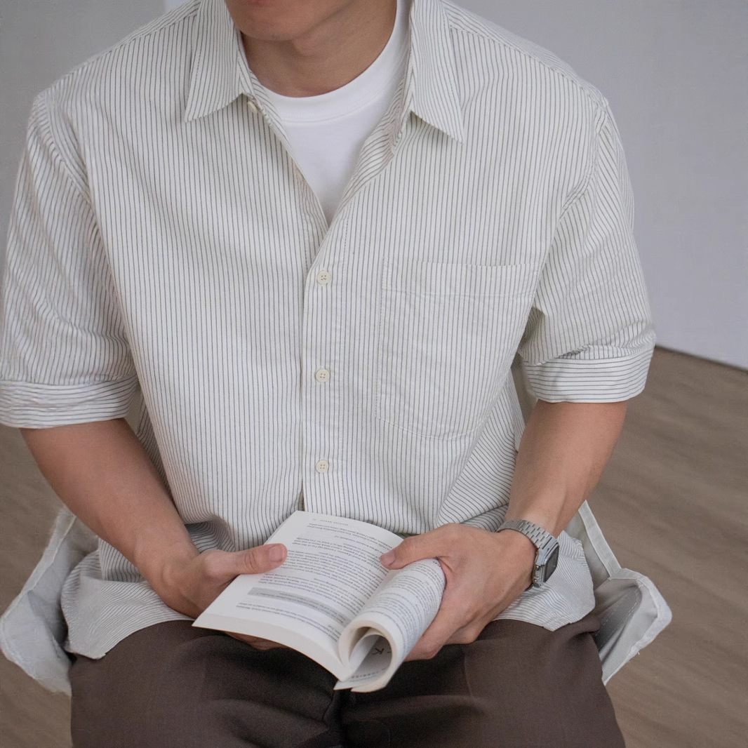 Nengmeng Japanese Style Pure Cotton Retro Pinstripes Flap Pocket Pants Shirt Men's Summer Workwear Casual Short-Sleeved Shirt Top