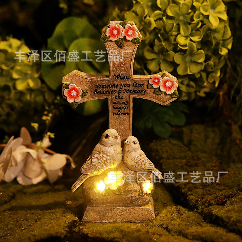 Jardín transfronterizo patio luces al aire libre ornamentos de pájaros creativos cementerio lámpara solar conmemorativa decoración de resina artesanía