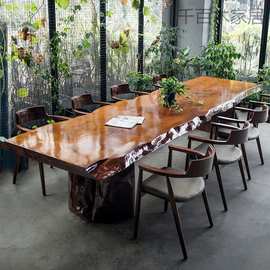 新中式实木茶桌家用大板泡茶桌办公室自然边禅意洽谈茶桌椅组合