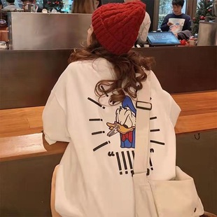 Maternity's Cartoon Printed Extras Size Loose Slimming Belly Covering Donald Duck Pure Cotton T-shirt Summer Top for Pregnant Women