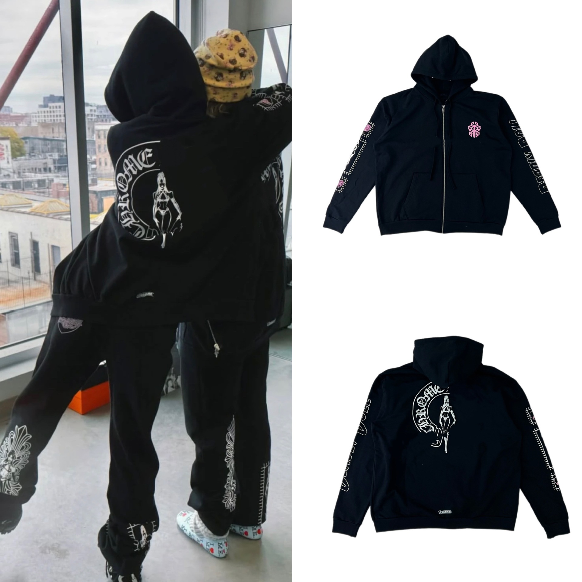 25 New Autumn and Winter Retro Sanskrit Beautiful Girl Printed Zipper Hooded Sweatshirt Women's Loose Casual Versatile Top