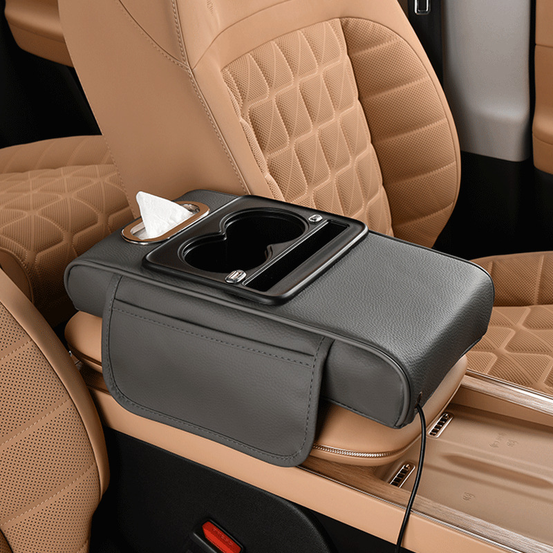 Rechargeable Car Armrest Box Heightening Pad with Cup Holder