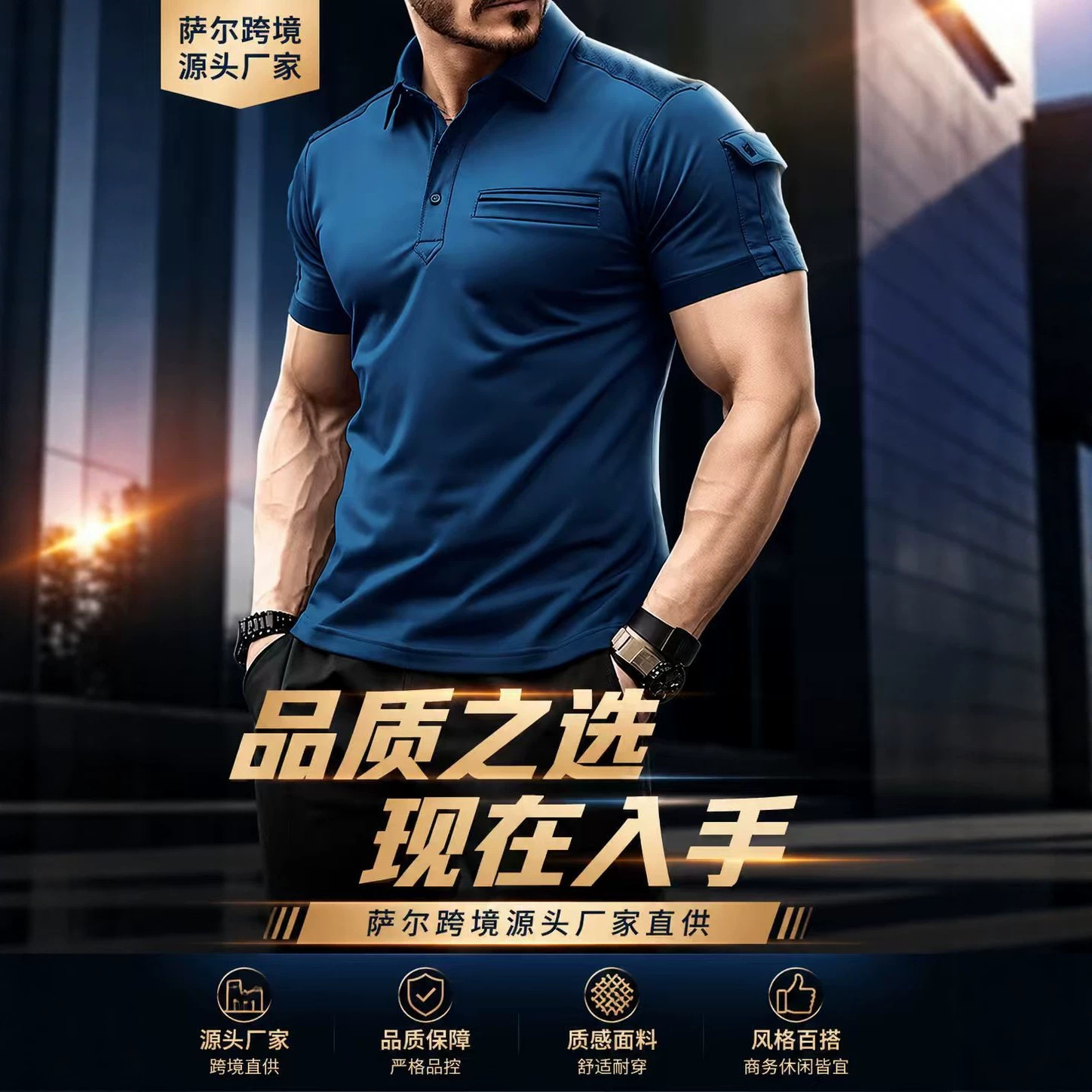 2023 Cross-Border Europe & America Summer Fast Selling Amazon Polo Shirt with Pockets, Men's Muscle Sports Polo Shirt