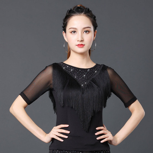 Square dance clothing dance training Latin dance clothing new summer tassel short-sleeved body modern dance tops for women