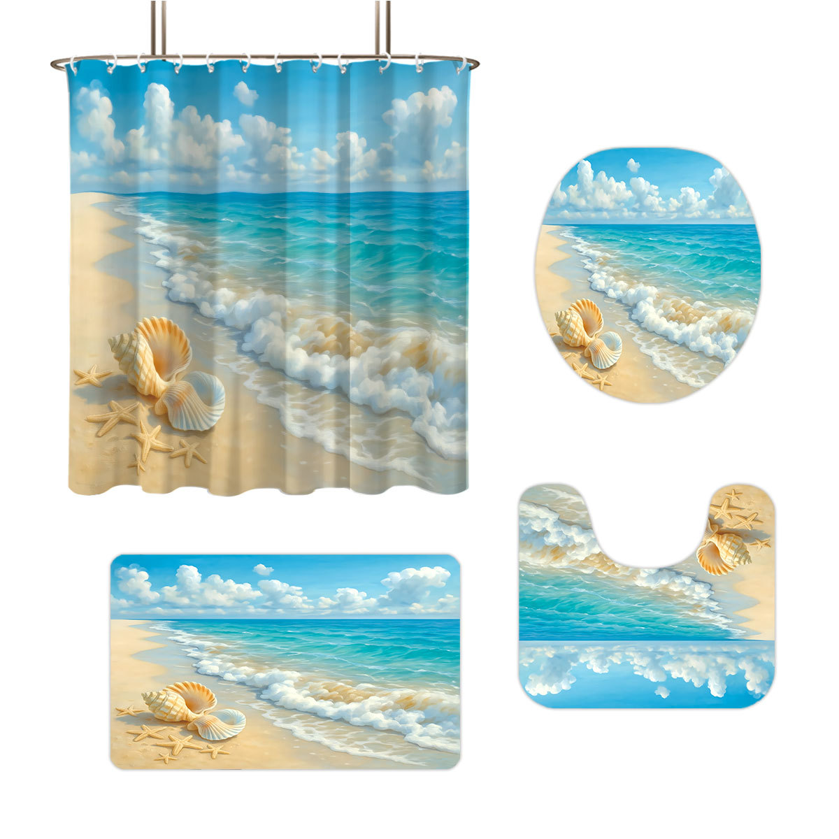Mei Ke más cortina de baño impermeable serie de paisaje de playa impresión digital poliéster cortina de baño cuatro piezas un conjunto de cabello