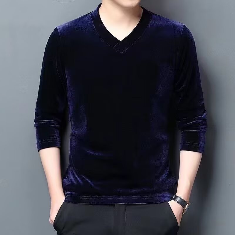 Fabricante de la fuente Camiseta de manga larga de terciopelo dorado para primavera y otoño camisa de fondo con cuello en V para hombre con blusa casual interior ropa interior térmica