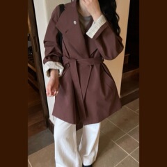 韩系立领条纹拼接风衣外套女小个子2025秋季新款高级感系带大衣潮