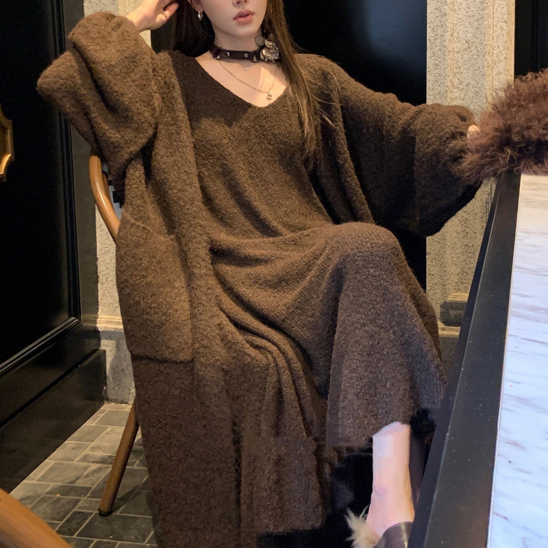 慵懒风软糯奶fufu宽松毛衣外套女纯欲显瘦中长款针织开衫＋长背心|undefined