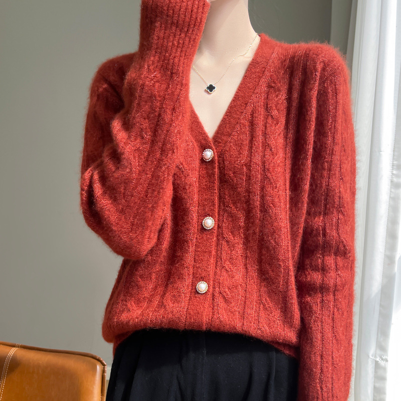 Cloud-Like Touch! 2025 New Autumn and Winter Silk Cashmere V Neck Knitted Cardigan Long-Sleeved Women's Twisted Top