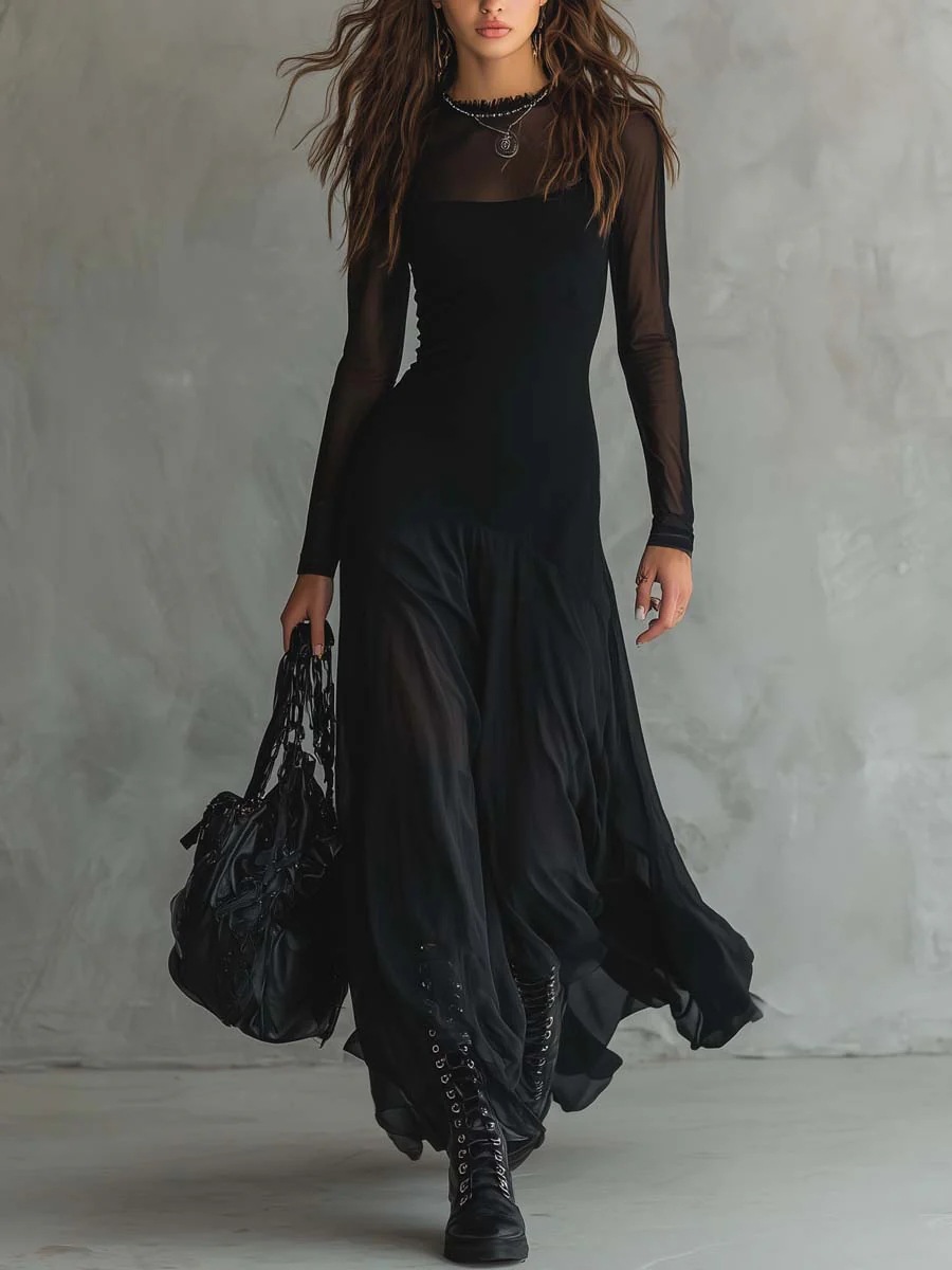 2026 European and American Women's Fashion Independent Site Amazon Ins Solid Color Long-Sleeve Round-Neck Sheer Flared Dress Long Skirt