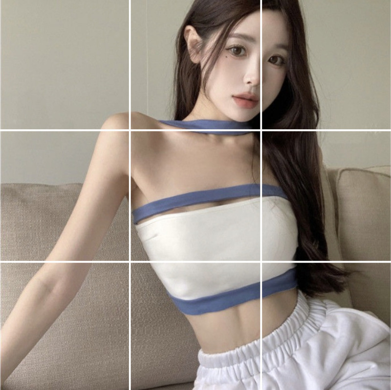 Hong Kong Style Color-matching Hanging Neck Tube Top Women's Watch Summer Korean Style Design Sense Top 8733 Blue Cafe Hanging Neck Vest