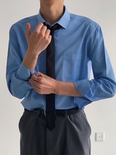 韩版方领修身蓝色长袖衬衣男港风大码春夏款商务职业正装免烫衬衫