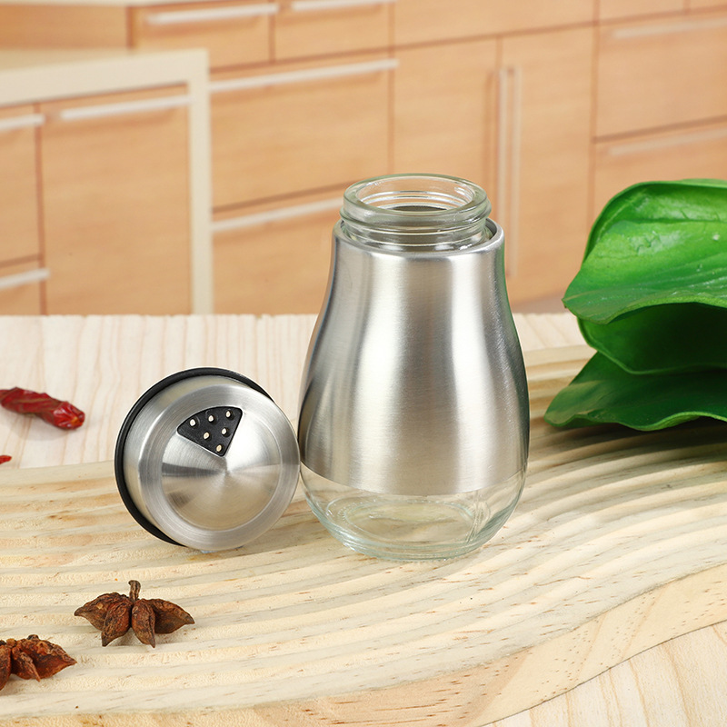 Nuevo tarro de condimento de acero inoxidable multifuncional creativo botella de condimento de pimienta de vidrio restaurante condimento frasco de condimento de boca pequeña