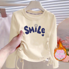 儿童打底衫女童加绒T恤新款中大童长袖抽绳加厚洋气内搭保暖上衣