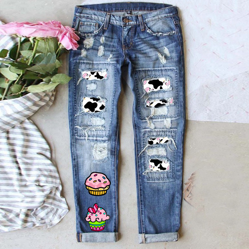 European and American cross-border independent station Amazon cartoon pattern ripped printed pants casual WISH straight washed jeans European and American cross-border independent station Amazon cartoon pattern ripped printed pants casual WISH straight washed jeans