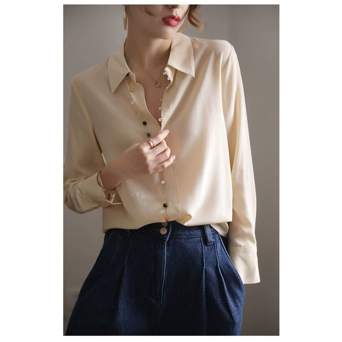 Корейская весенне-летняя новая стильная рубашка из искусственного шелка в стиле ретро, ​​женская дизайнерская рубашка с длинными рукавами для похудения