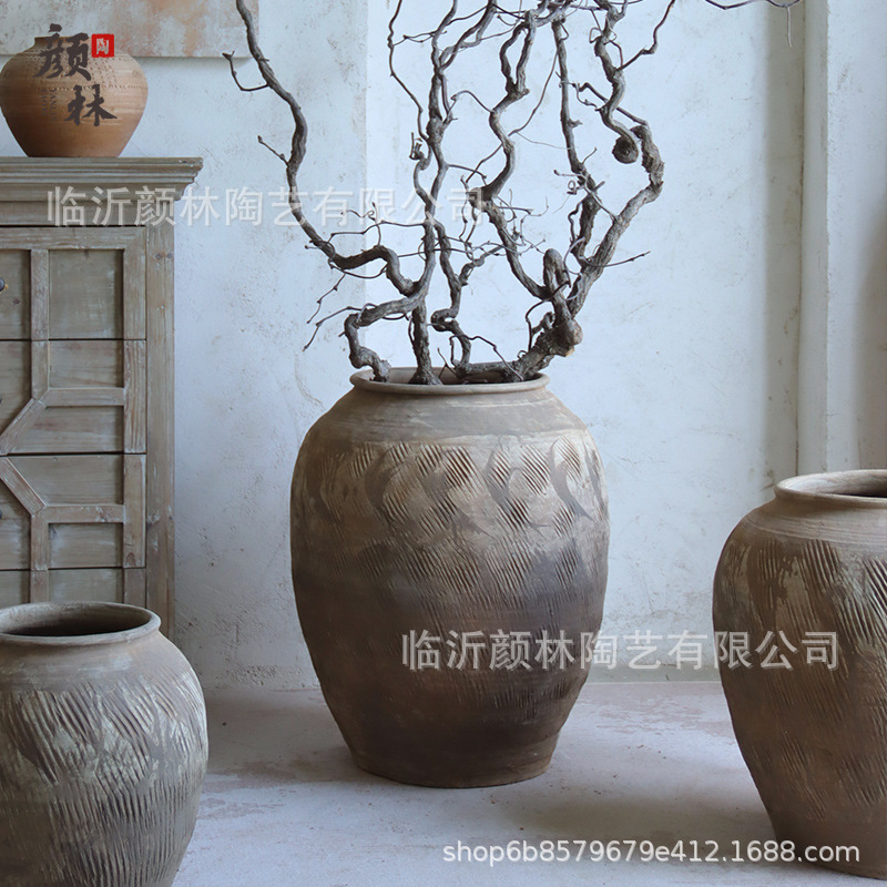 Cerámica de tierra de cerámica gruesa gran vasija de cerámica gran vasija de flores de estómago de viento tranquilo decoración del paisaje residencial de cerámica china vintage