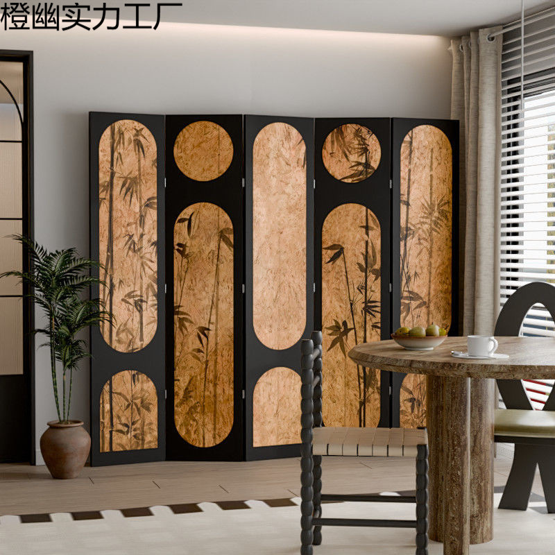 French-Style Vintage Folding Screen for Living Room Partition, Tea Room Divider, Guesthouse Retro Bamboo Background Decorative Folding Screen