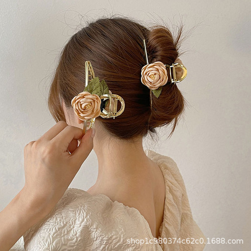 Camellia flower French hair clip elegant bun holder hair accessories female back head clip