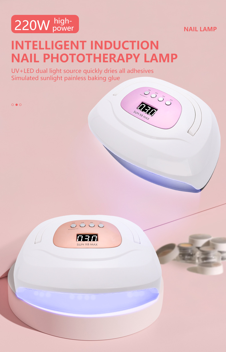 Yeni çift el tırnak makinesi fototerapi lambası el çantası 220W yüksek güçlü çabuk kuruyan tırnak jeli kürleme kurutucu X8