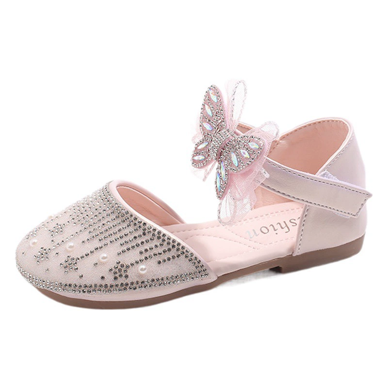 Хрустальные туфли для девочек 2024 весна новые супер легкие кожаные туфли с бриллиантами