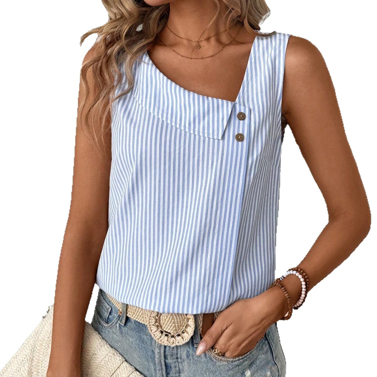 2025 국경 간 유럽과 미국의 새로운 여성 캐주얼 슬래시 넥 민소매 레귤러 풀오버 멀티 컬러 스트라이프 여성 탑 티셔츠