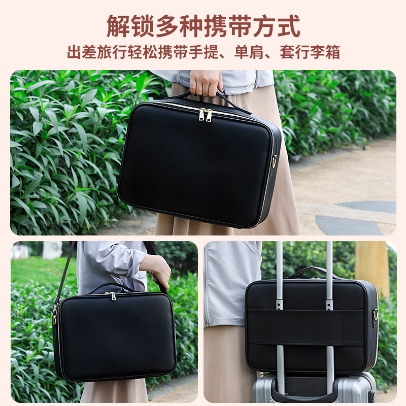 Bolsa de maquillaje con luz LED y espejo, bolsa de almacenamiento de cosméticos negra de gran capacidad, estuche de maquillaje en polvo, esencial para viajes con LED