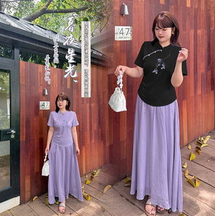 Yinuo Plus Size Women's New Chinese Style National Temperament Suit 2025 Summer Short Sleeve Top and Skirt Two-Piece Set 242826
